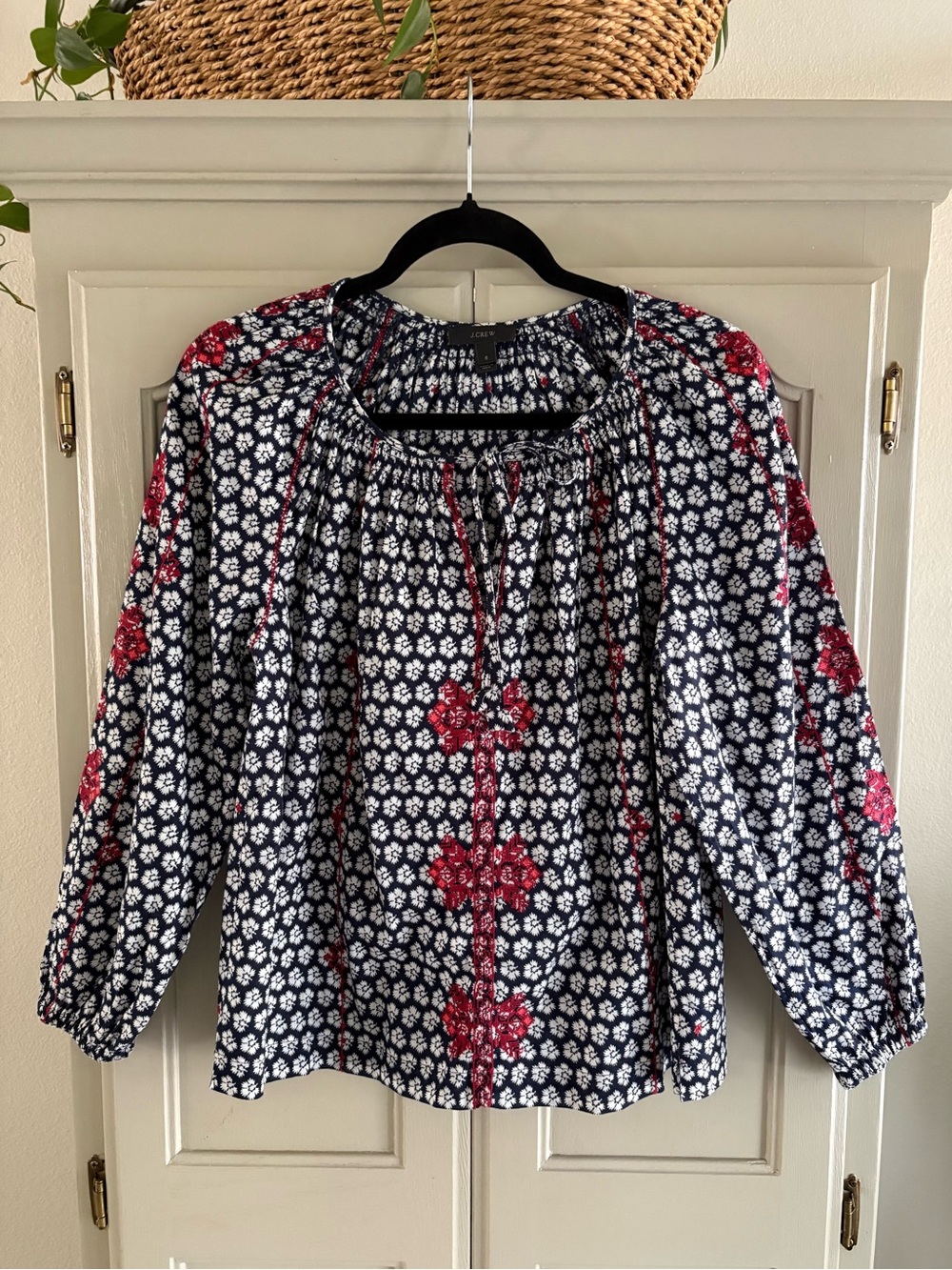 J.Crew Embroidered Tie Neck Boho Peasant Blouse Blue Floral Indian Voile Size 6